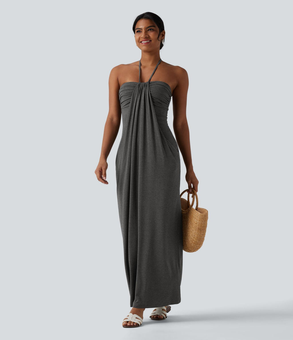 Robe longue dos nu col licou avec nœud et poches