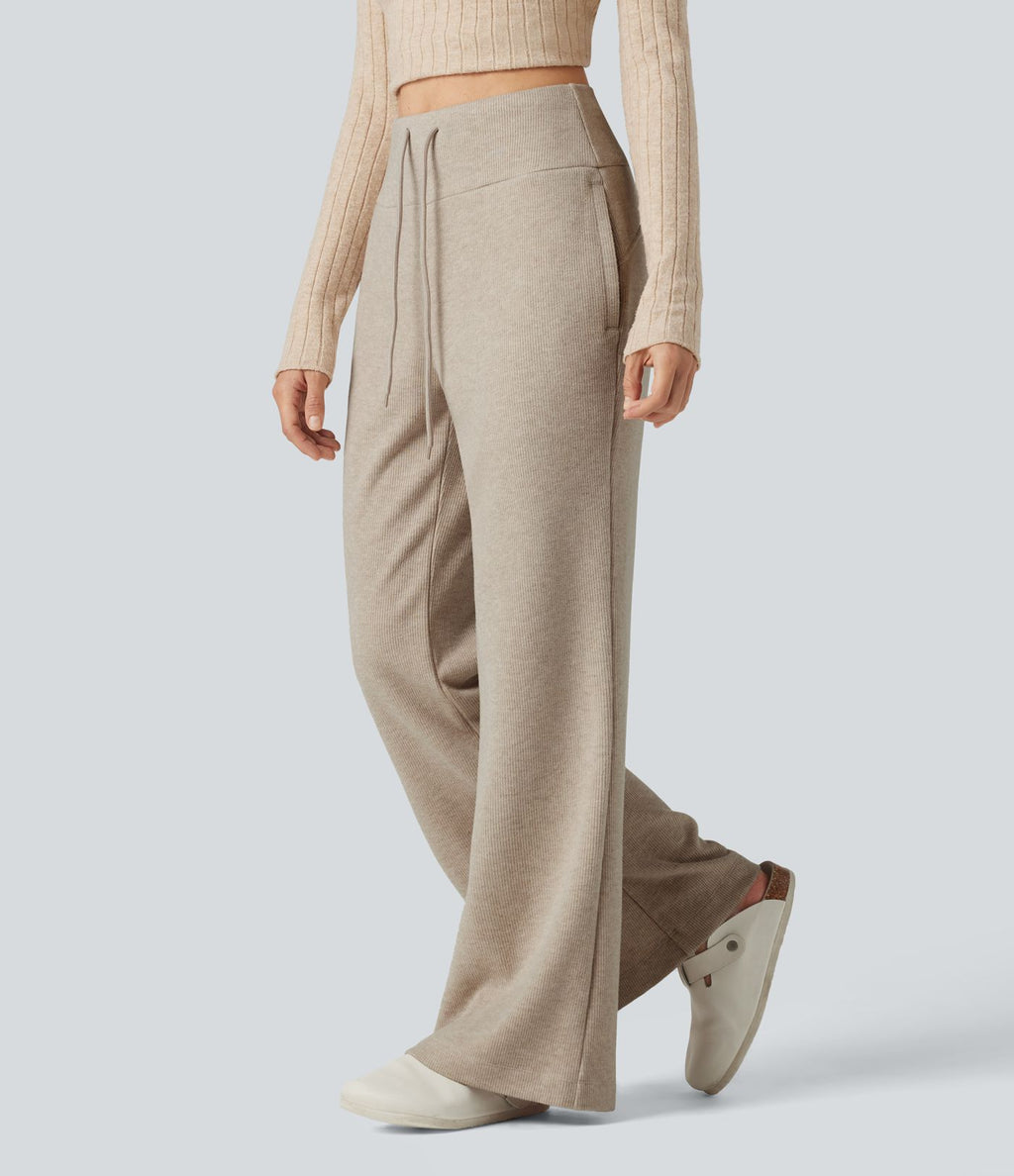 Pantalon large fluide côtelé taille haute avec cordon de serrage et poches