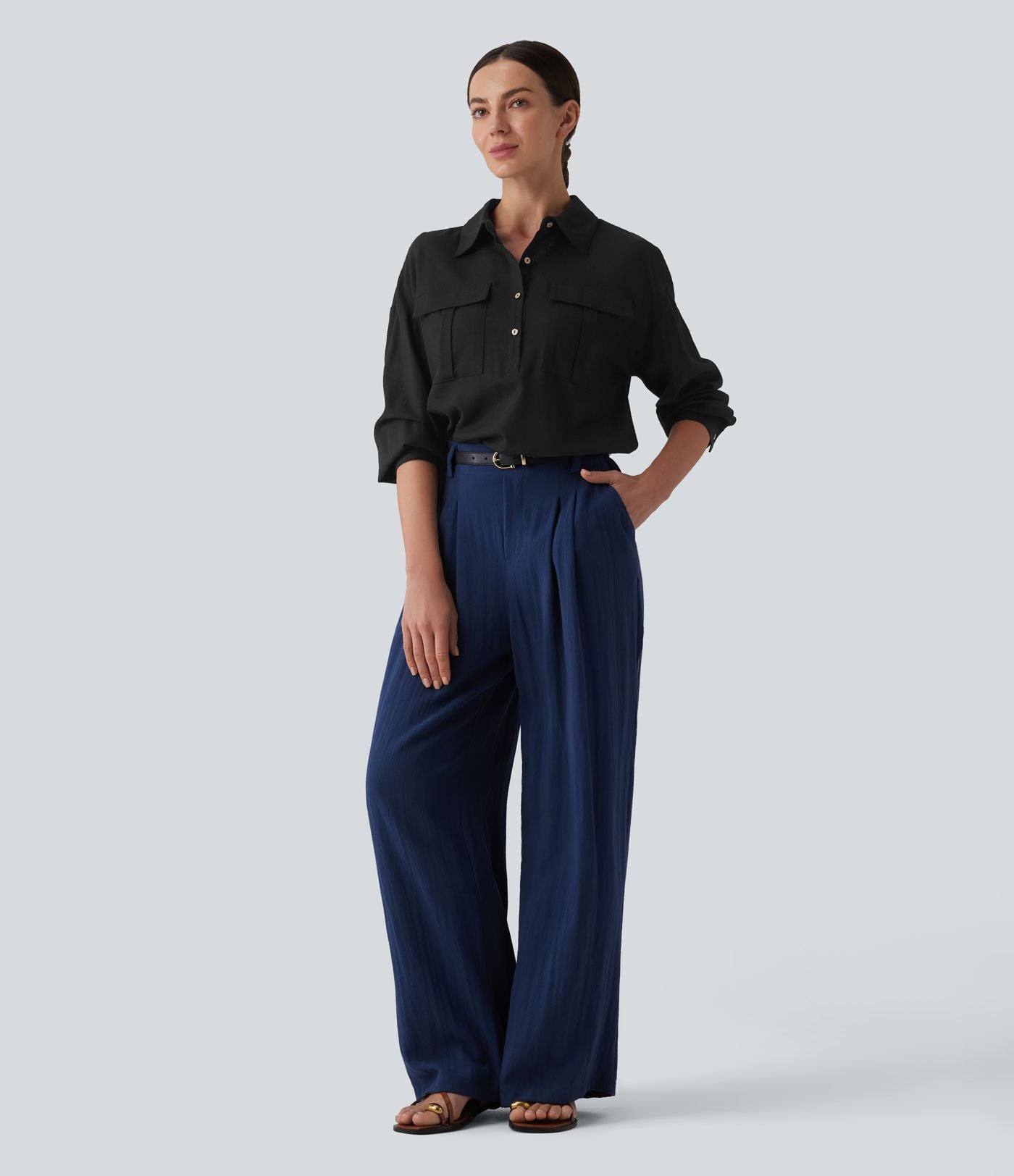 Chemise décontractée en lin col ourlet arrondi manches longues boutonnée avec poches