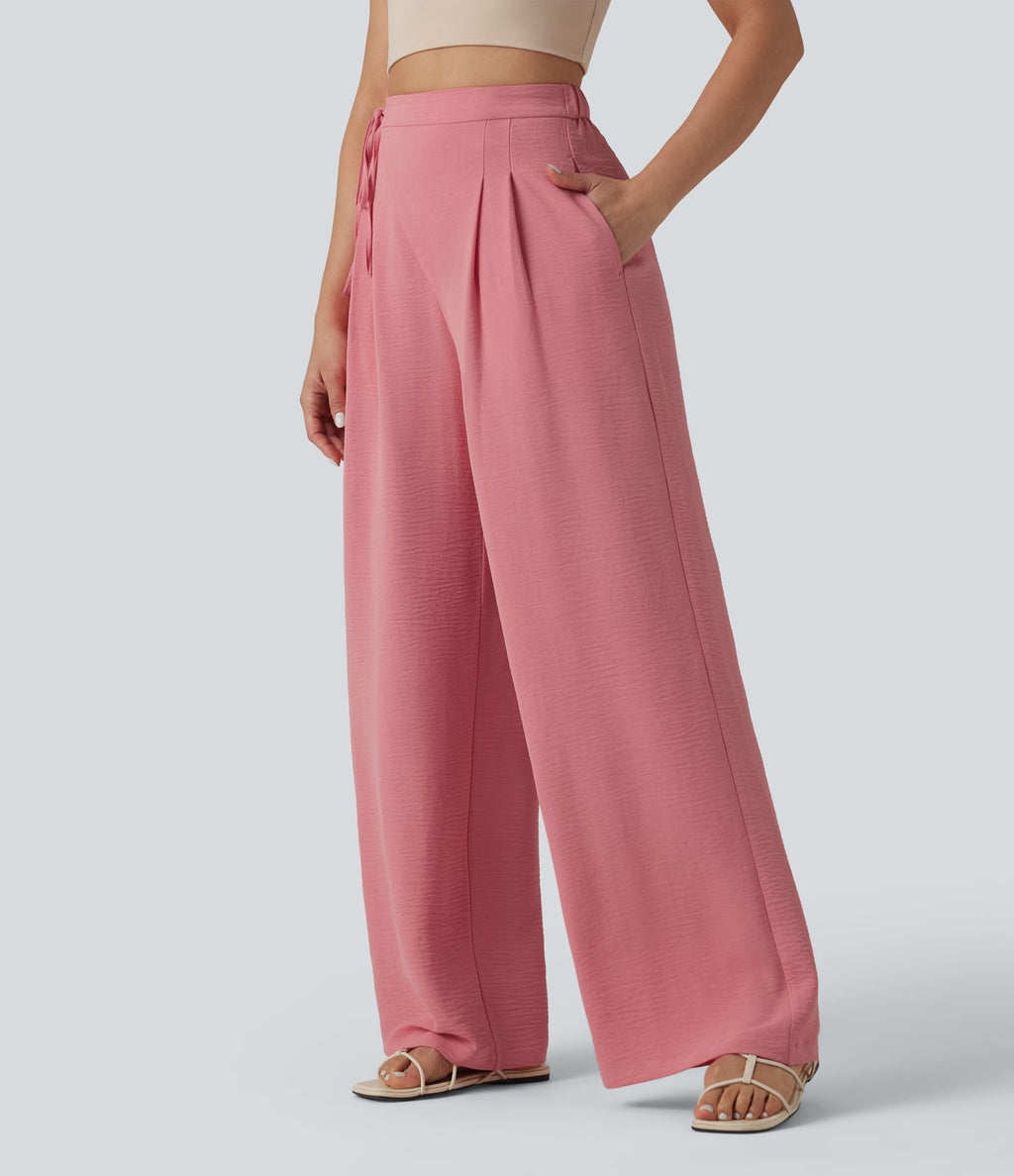 Pantalon détente  effet lin taille haute, cordon latéral avec poches