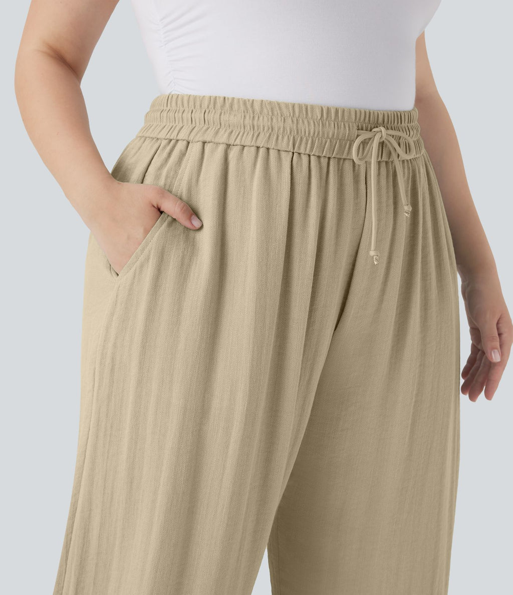 Pantalon décontracté grande taille large fluide taille haute effet lin avec cordon de serrage et poches