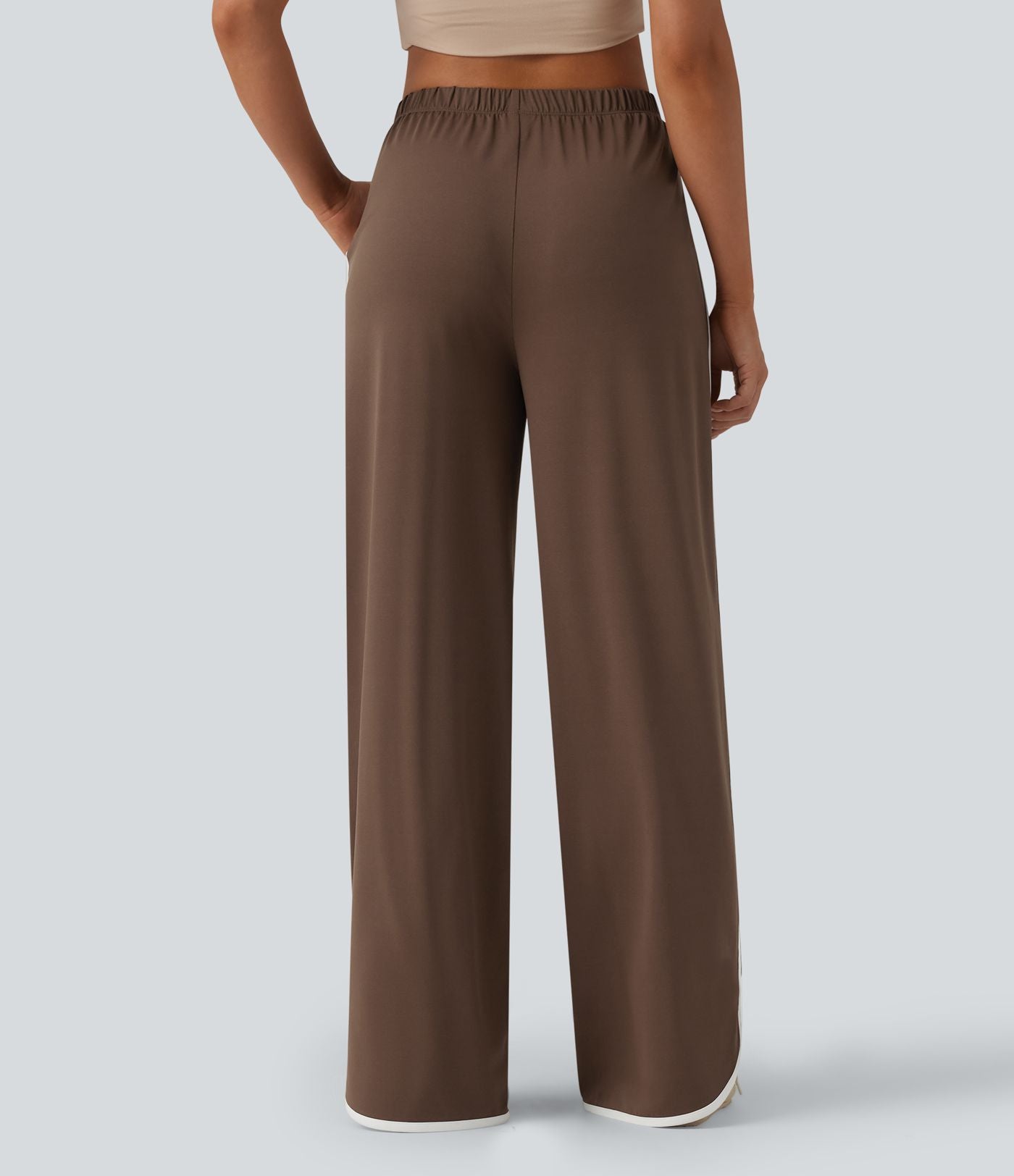 Pantalon large casual color block taille haute à ourlet arrondi avec poches