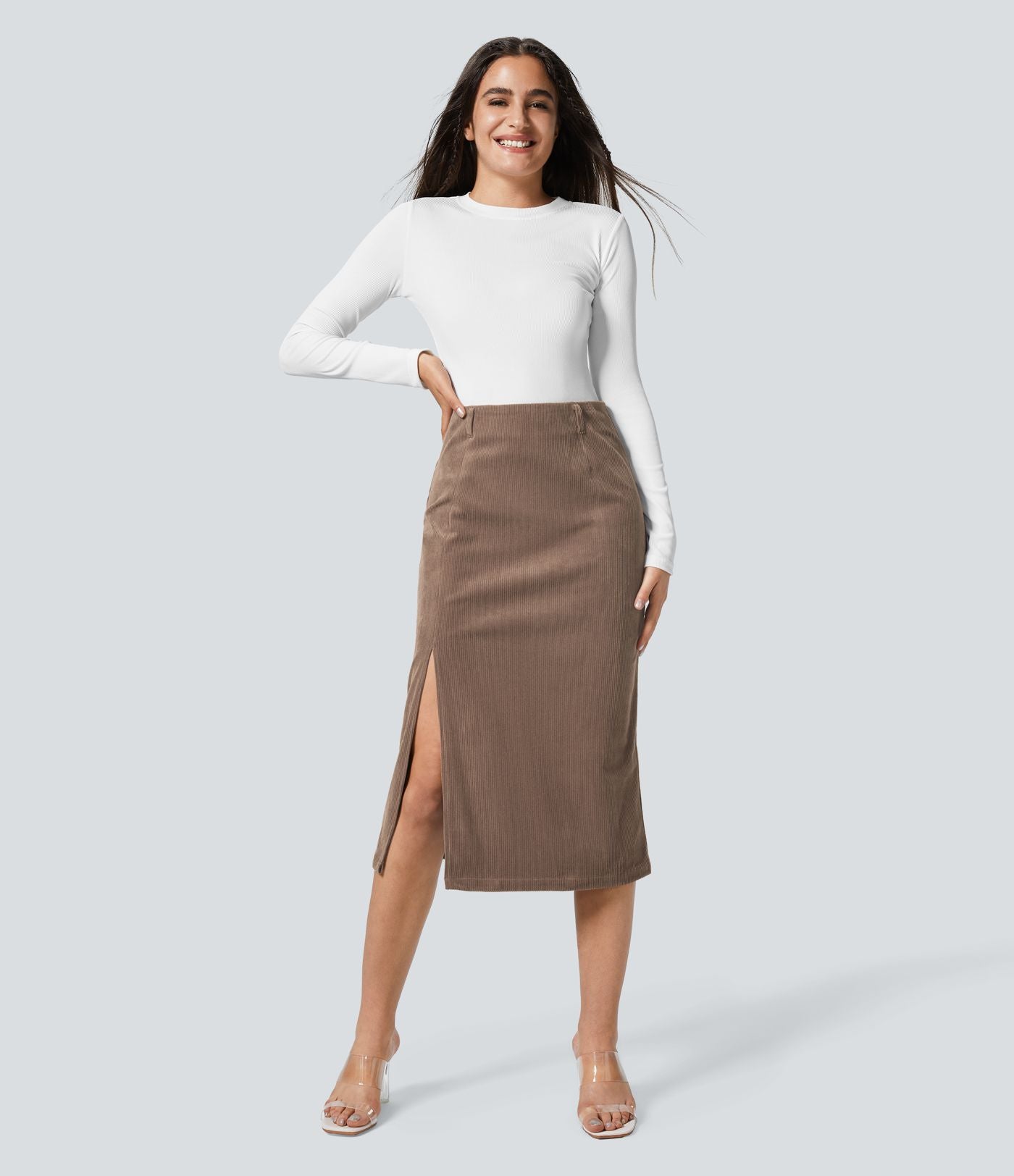 Jupe Casual en Velours Côtelé Mi-longue Taille Haute Fermeture Éclair Invisible et Fente fendue