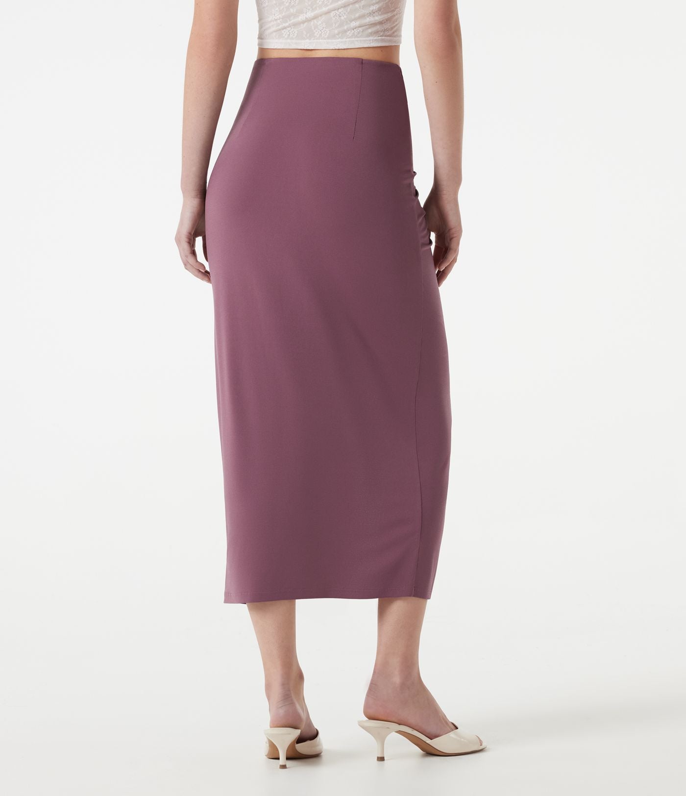 Jupe midi moulante taille haute froncée