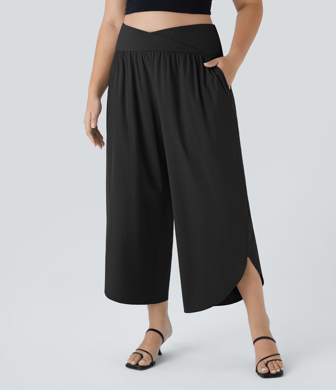 Breezeful™ Pantalon de Vacances Grande Taille Taille Haute avec Découpe Croisée Plissé Poche Latérale Fente et Séchage Rapide