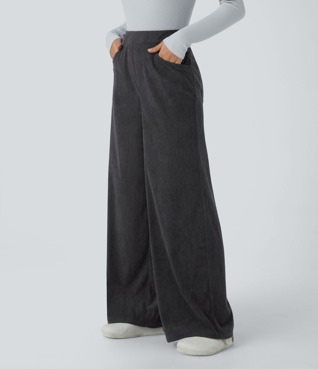Pantalon velours côtelé tailleur et large Halara Flex™, taille haute, avec poches