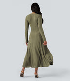 Robe longue fluide maille côtelée col henley manches longues