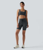 Short cycliste de yoga taille haute à rayures avec cordon de serrage 17,5 cm et poches