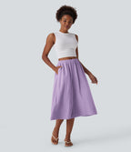 Pantalon fluide large taille mi-haute effet lin avec poche