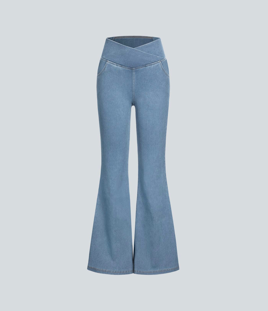 Halara Flex™ - Jean Ultra Evasé Tricot Extensible Lavé Poches Croisées Taille Haute