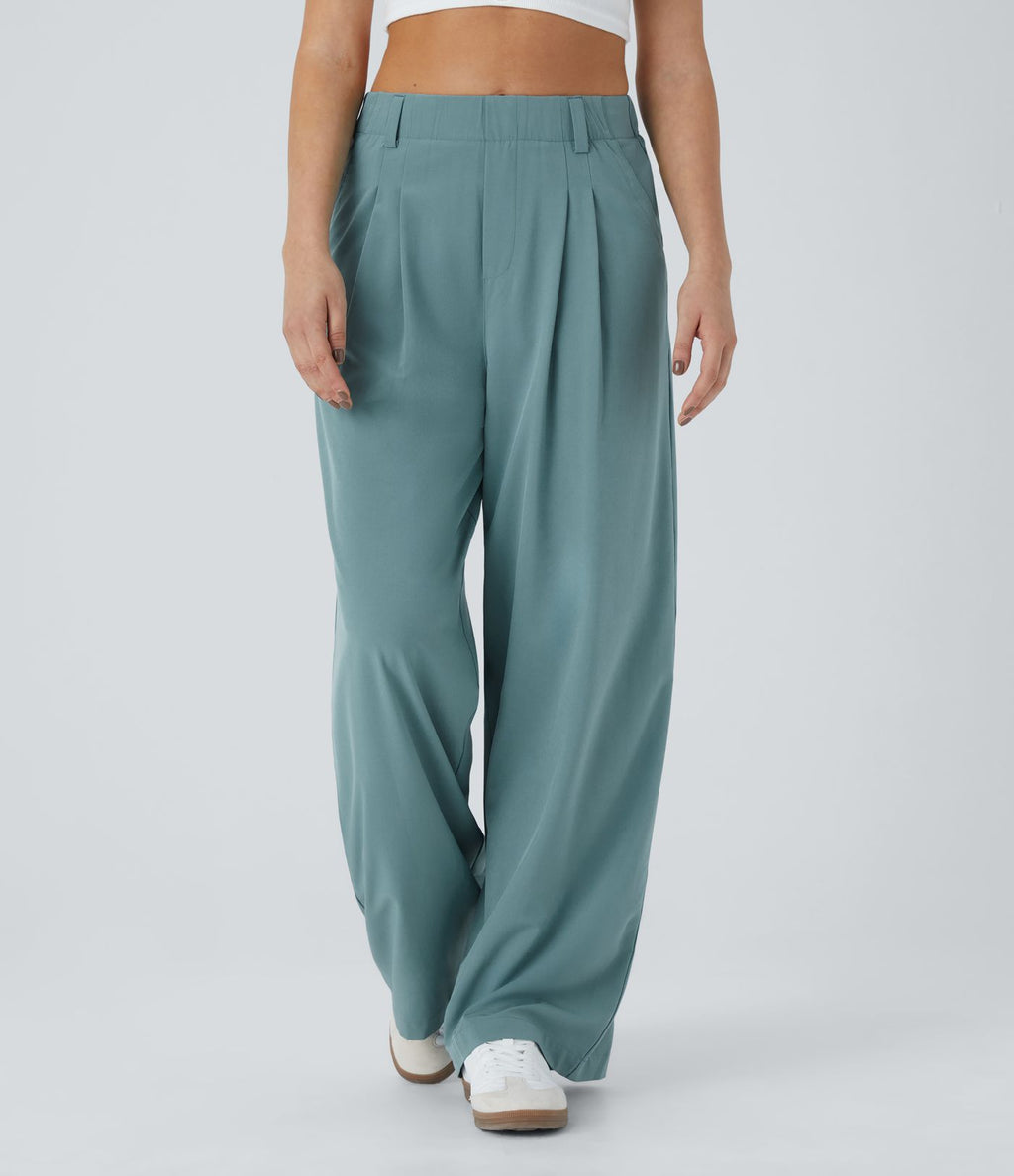 Breezeful™ Pantalon Large Fluide Taille Haute Poches Latérales Palazzo Solide Casual Linen-Feel