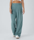 Breezeful™ Pantalon Large Fluide Taille Haute Poches Latérales Palazzo Solide Casual Linen-Feel