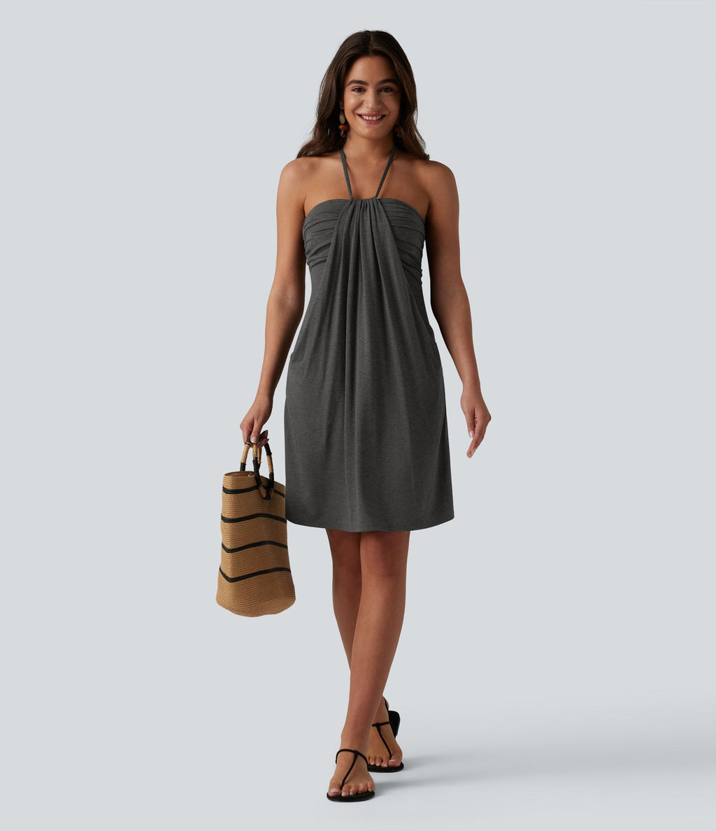 Robe mini dos nu à bretelles, brassière intégrée et poches