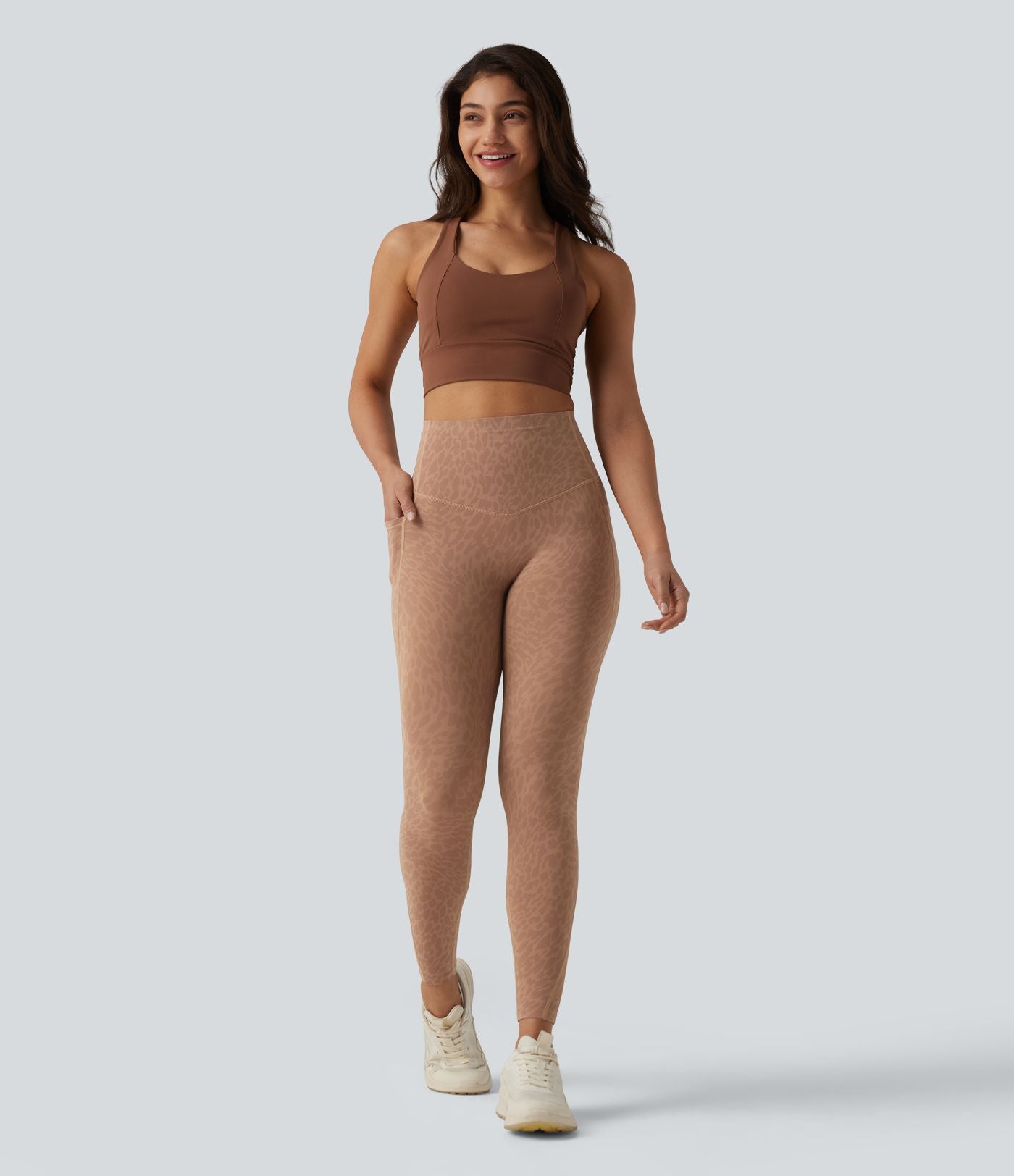 Legging de running 7/8 gainant Halara UltraSculpt™ imprimé léopard taille haute ventre plat avec poches