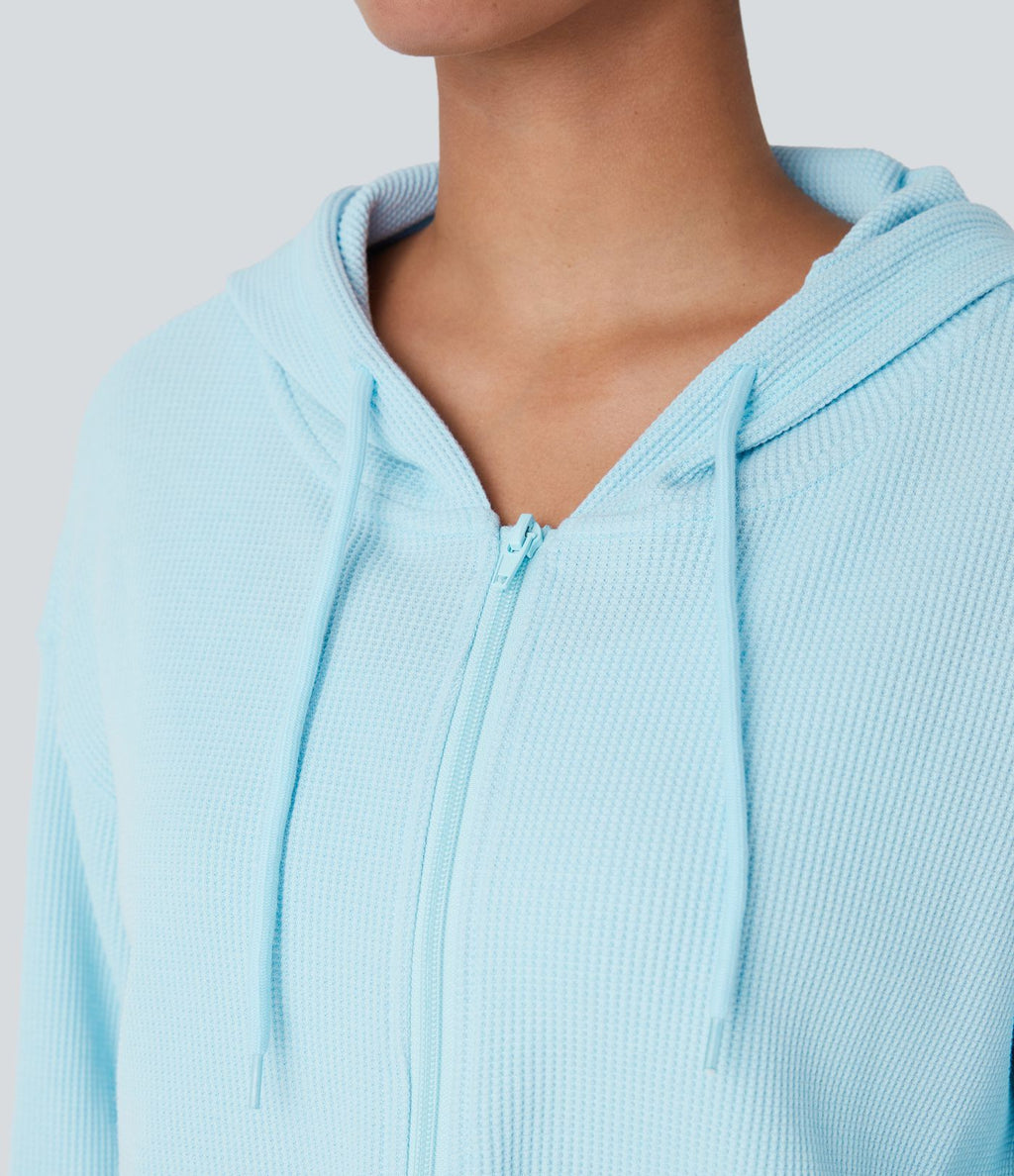 Sweatshirt en Coton Casual à Manches Longues avec Cordon de Serrage et Zipper Style Waffle