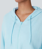 Sweatshirt en Coton Casual à Manches Longues avec Cordon de Serrage et Zipper Style Waffle
