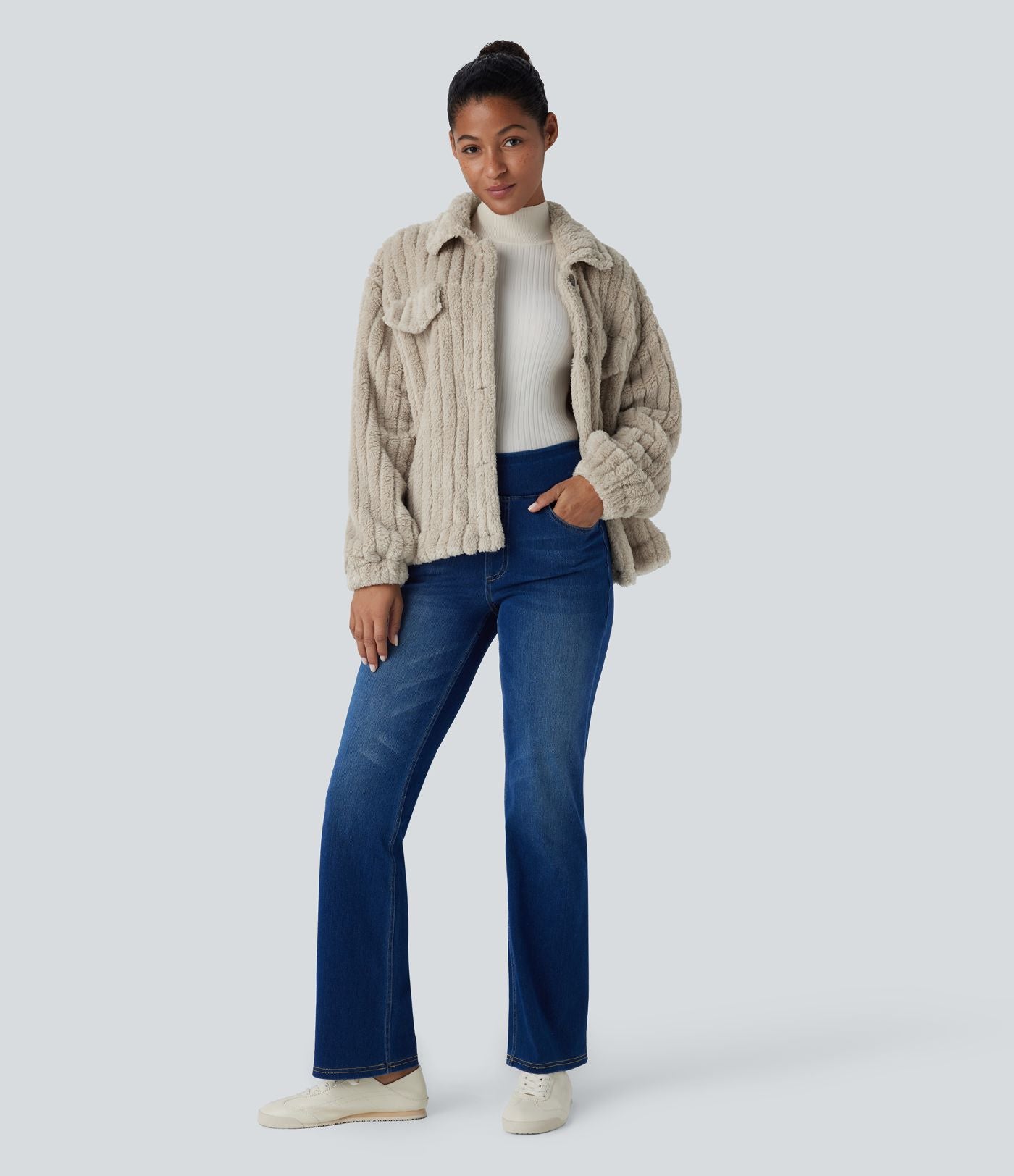 Veste décontractée en sherpa à col, boutons et manches longues