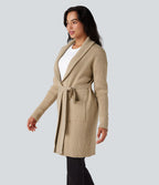 Cardigan long col tailleur ceinturé manches longues avec poches