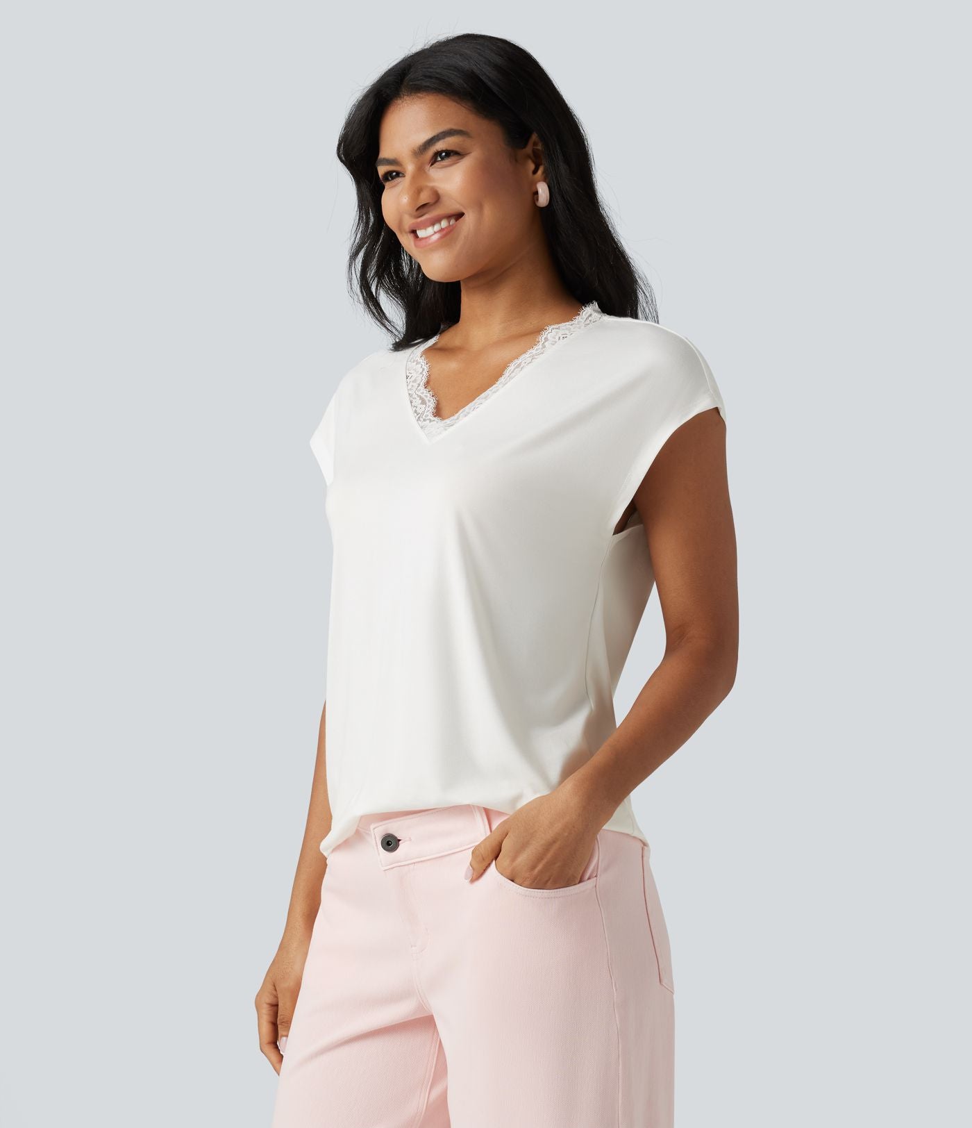 T-shirt décontracté en dentelle col V manches courtes