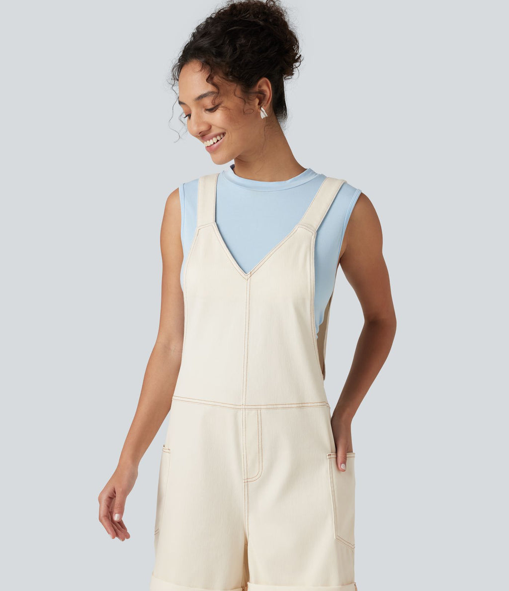 Salopette en jean Halara Flex™ col V délavée décontractée à ourlet roulotté avec poches