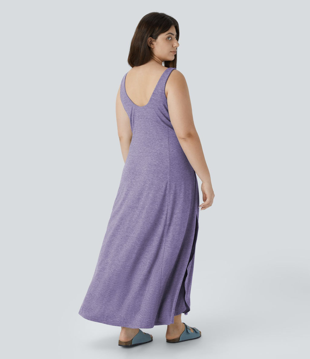 Robe Maxi Casual Grande Taille à Col U Sans Dos Fendue et Fluide