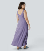 Robe Maxi Casual Grande Taille à Col U Sans Dos Fendue et Fluide