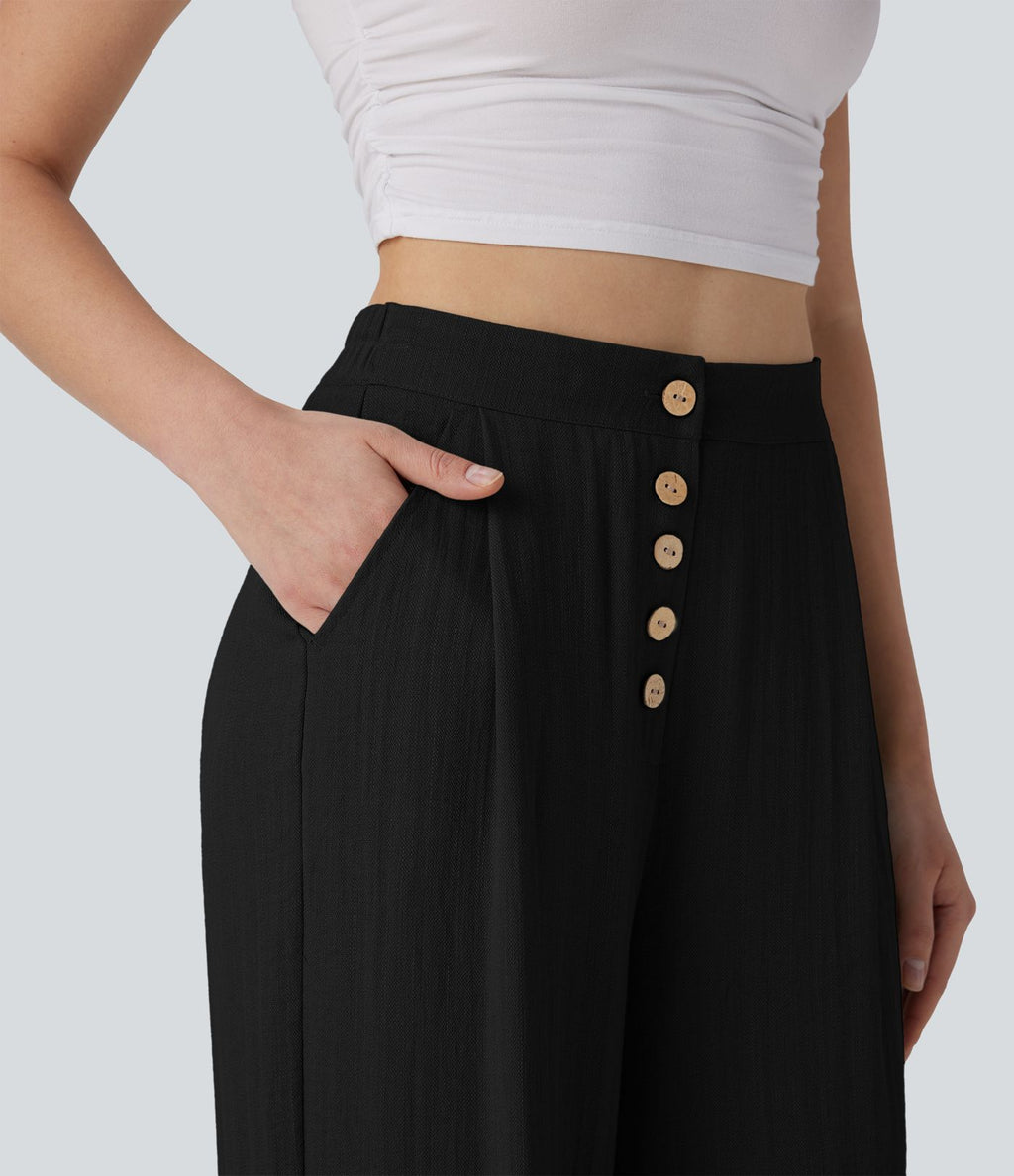 Pantalon large et fluide aspect lin taille haute, boutonné avec poches