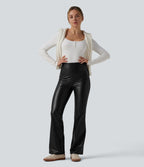 Pantalon évasé décontracté gainant taille haute extensible en molleton PU avec poches