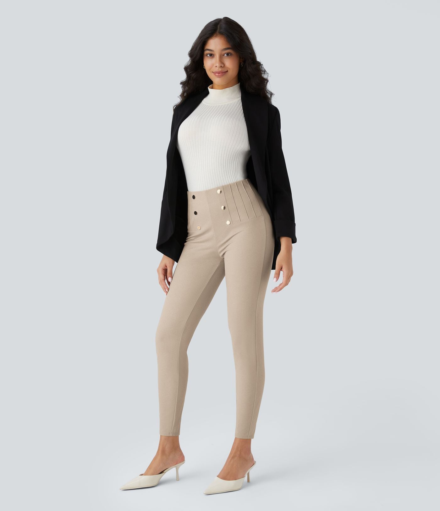 Pantalon tailleur skinny gainant taille haute à chevrons avec poches arrière zippées décoratives