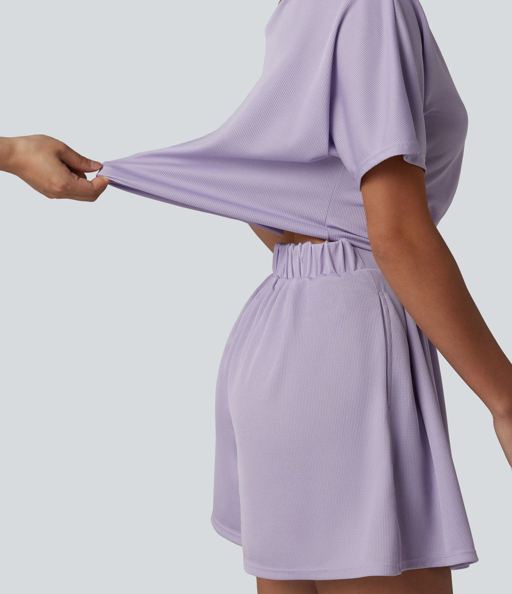 Combishort casual asymétrique manches courtes plissé en nid d'abeille avec poches - Édition Easy Peasy