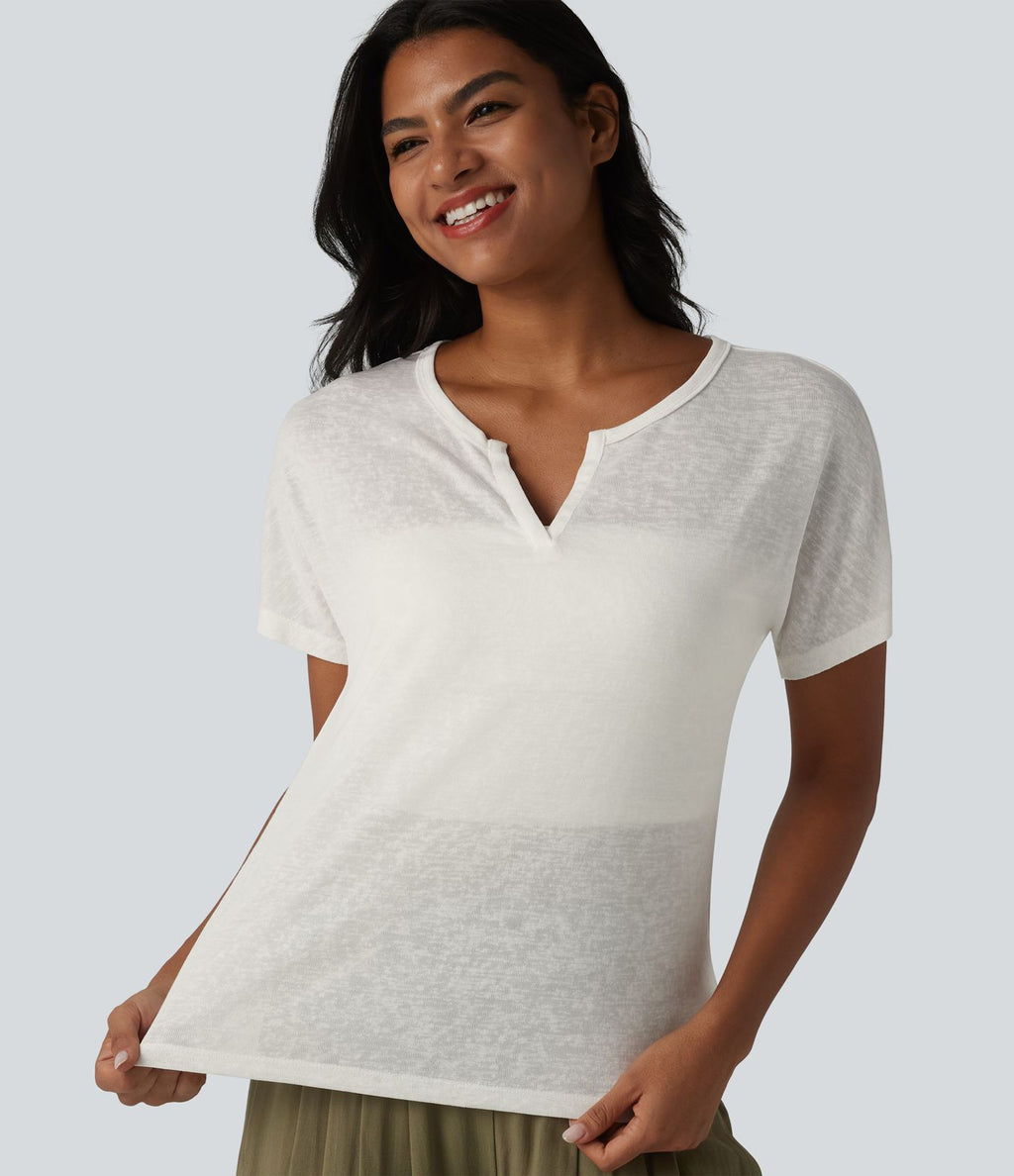 T-shirt casual col V semi-transparent en lyocell manches courtes