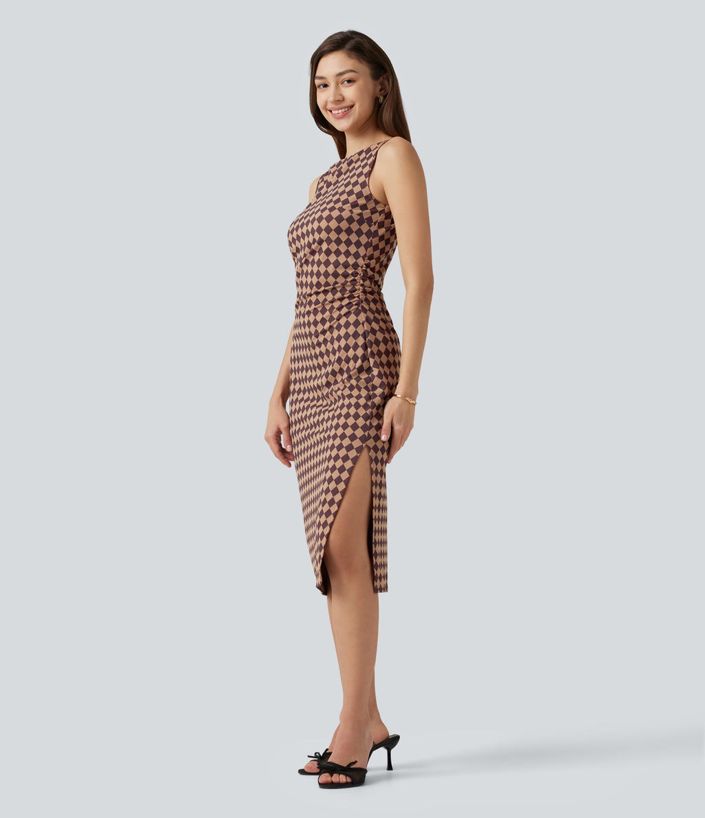 Robe midi moulante Halara UltraSculpt™ motif tartan, encolure bateau et sans manches