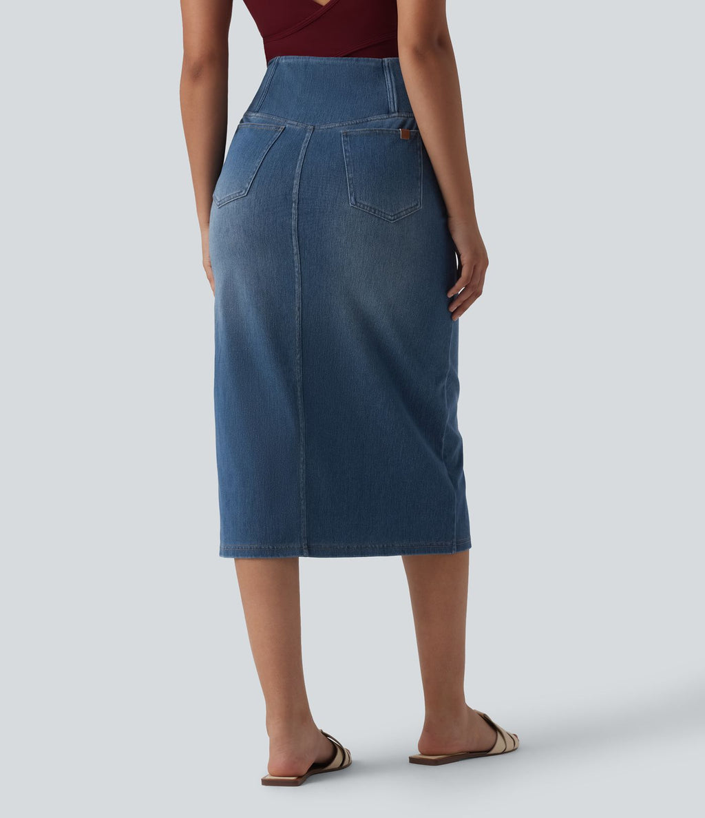 Halara Flex™ Jupe droite casual en jean asymétrique taille haute ventre plat avec fente et poches