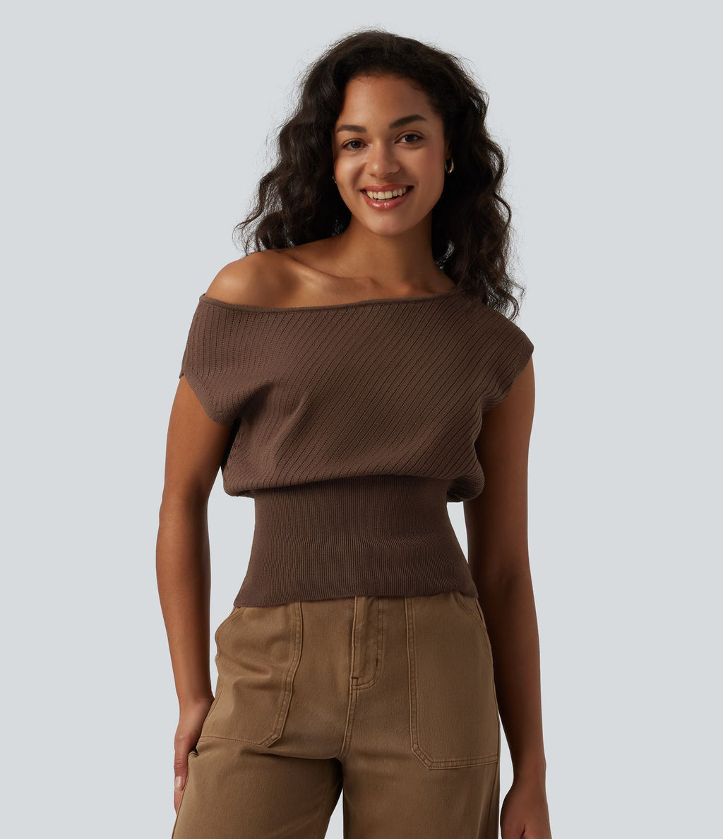 Pull casual asymétrique à épaule dénudée et manches courtes