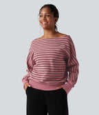 Sweat-shirt rayé épaules dénudées manches longues coupe décontractée