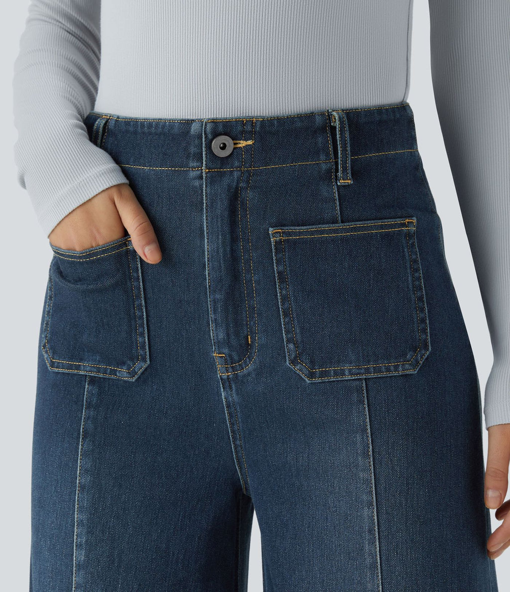 Halara Flex™ Jean large Palazzo et Taille Haute avec Poches Avant en Tricot Extensible Lavé