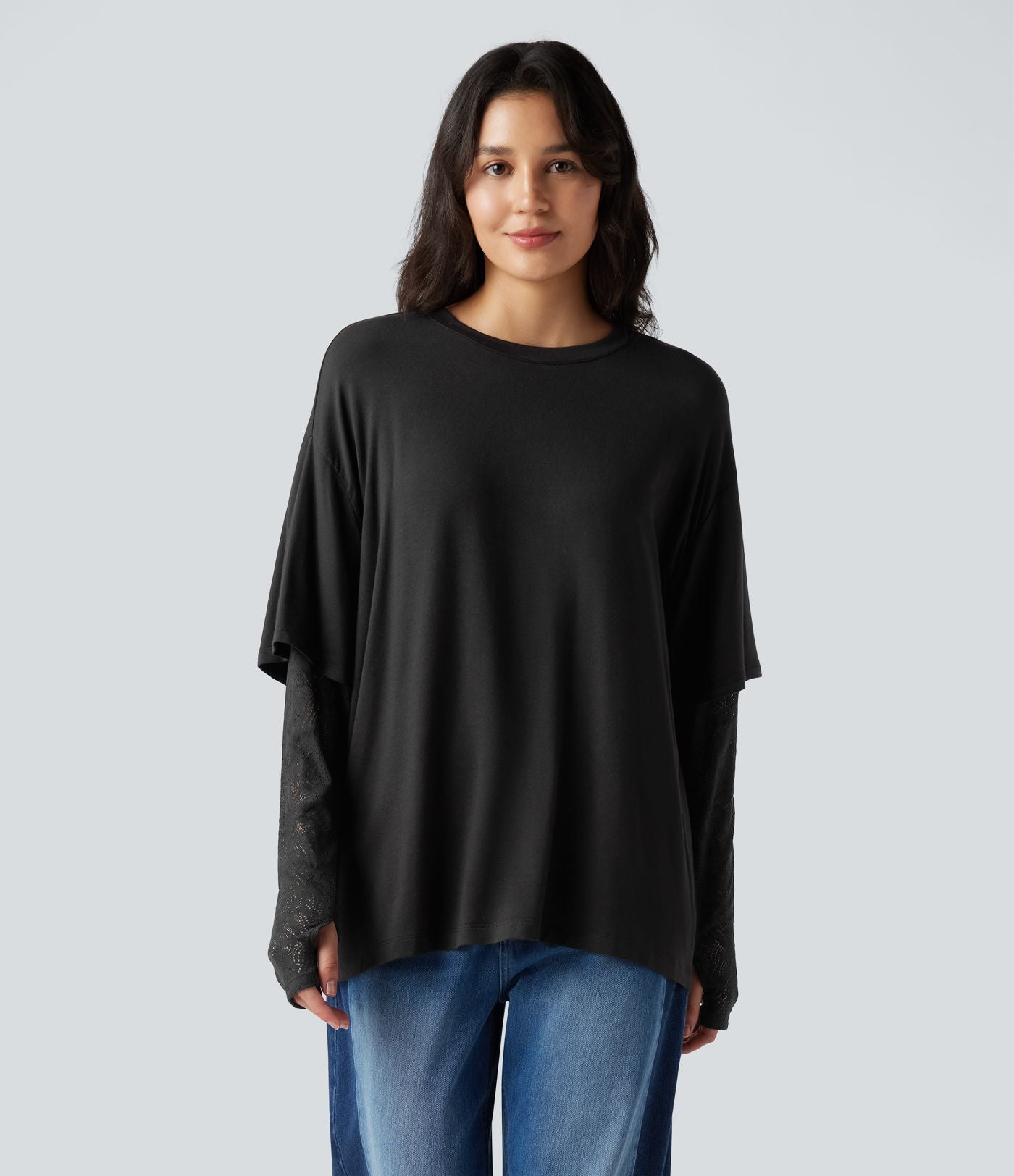 Top 2-en-1 dentelle contrastante col rond manches longues avec trous pouces