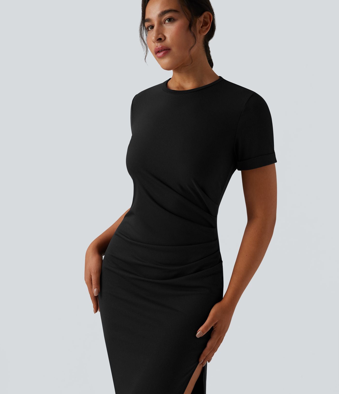 Robe midi décontractée col rond manches courtes