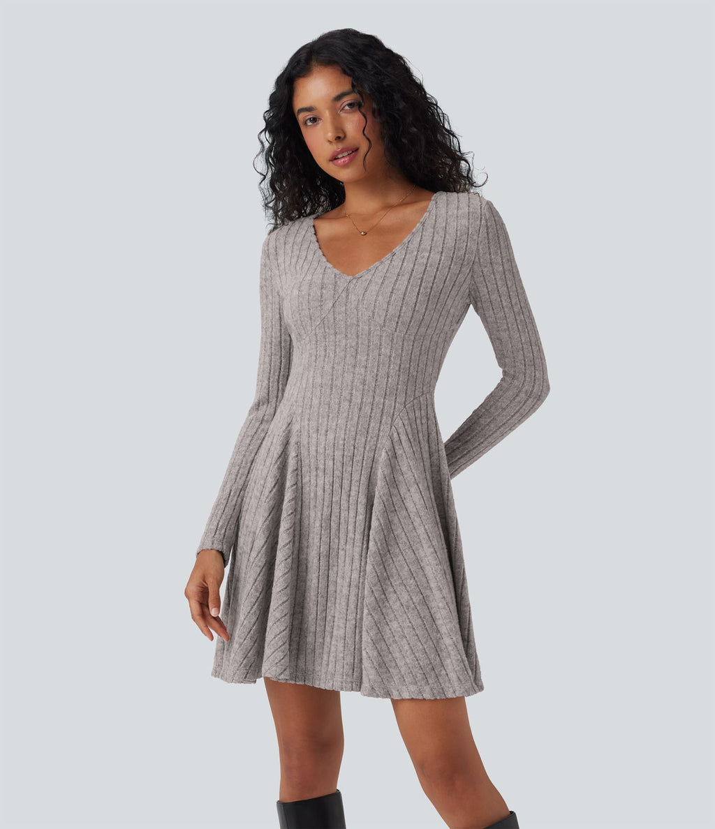 Robe décontractée mini évasée maille côtelée col V manches longues