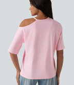 T-shirt décontracté en coton, encolure ronde, découpes et manches mi-longues