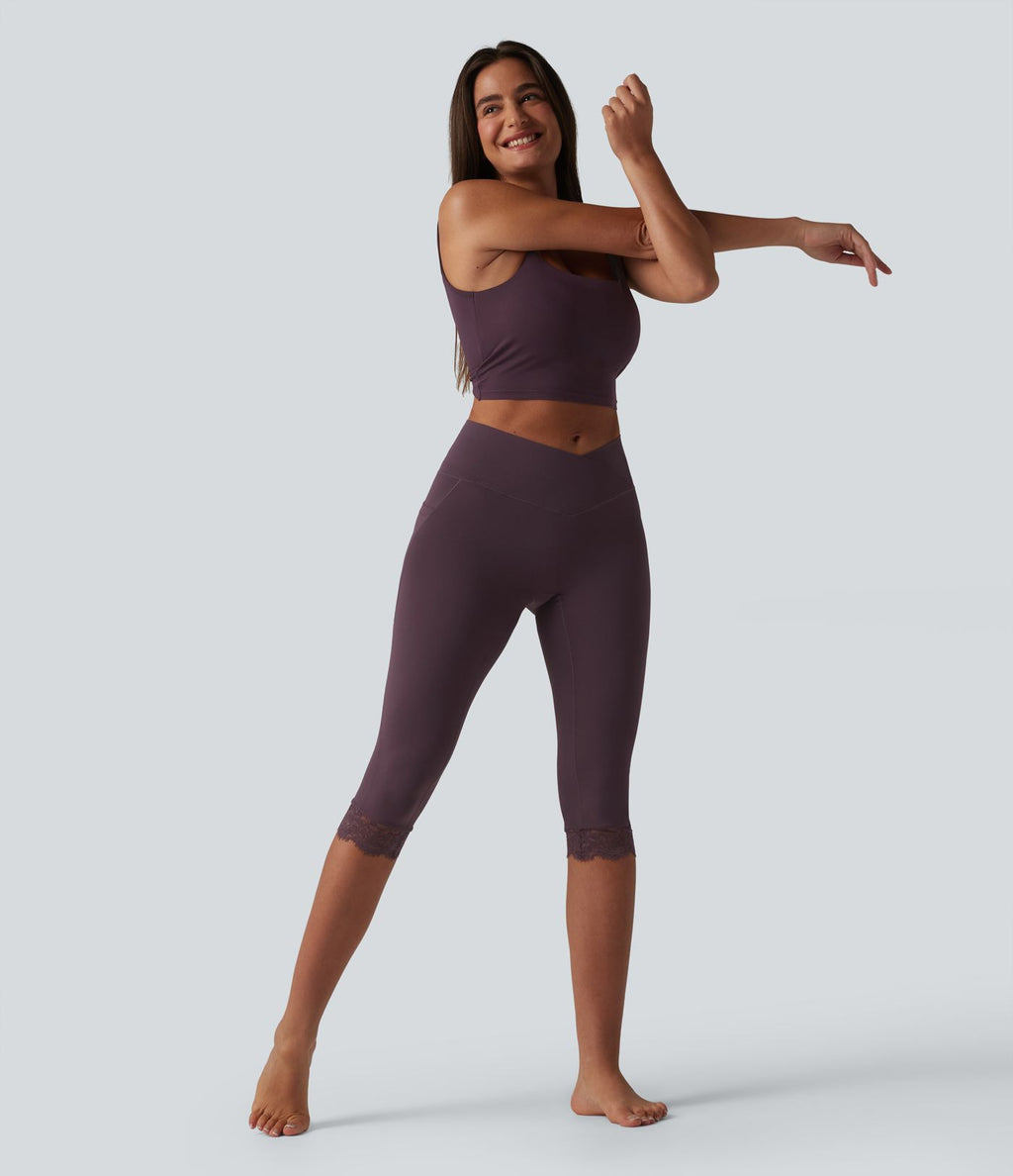 SoftlyZero™ Legging corsaire de yoga croisé taille haute avec dentelle contrastée et poches - UPF50+