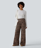 Pantalon large décontracté taille haute gaufré imprimé léopard avec poches
