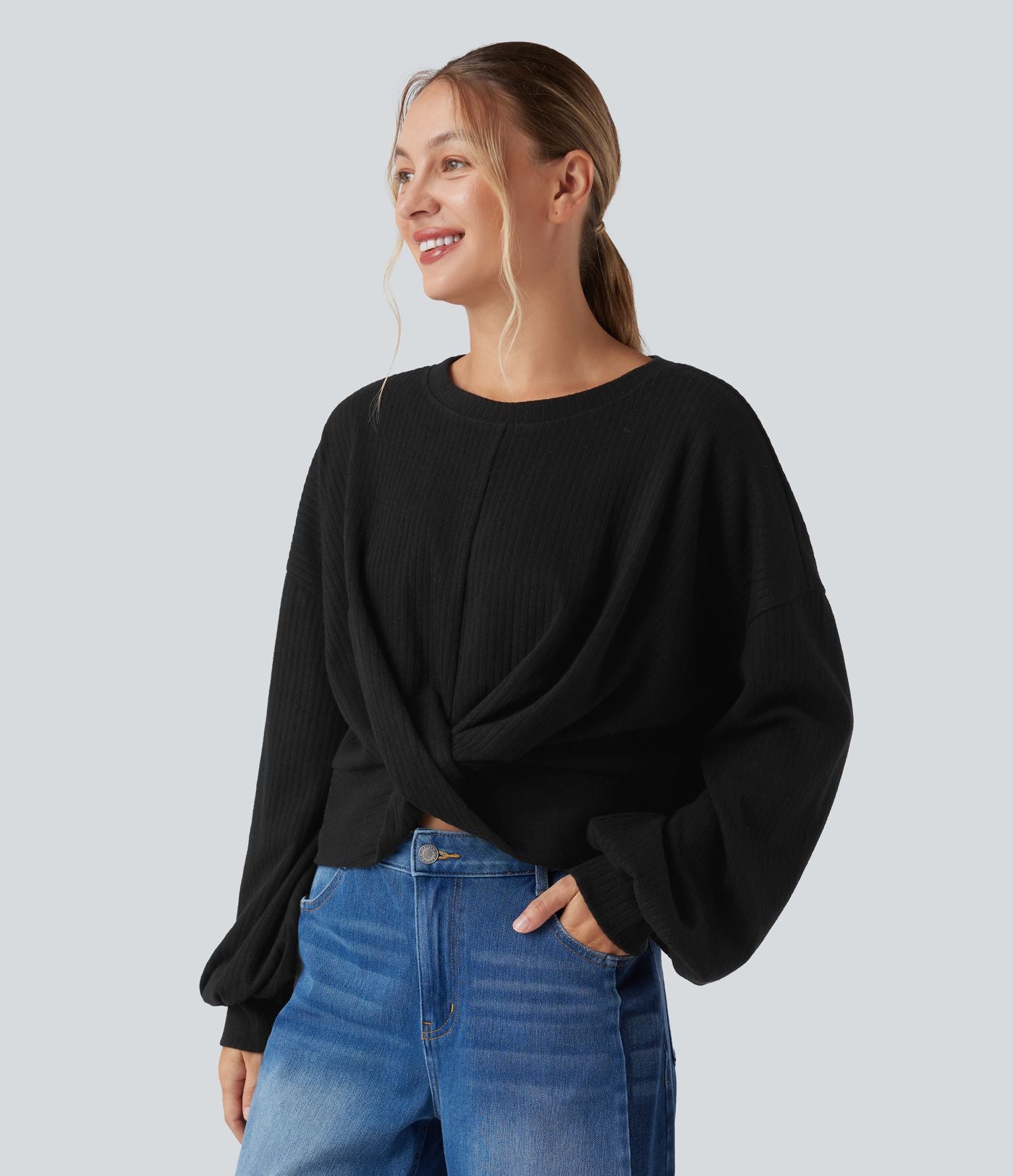 Sweatshirt casual côtelé maille col rond manches longues avec ourlet torsadé