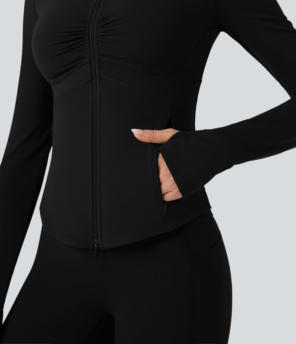 Veste de yoga Halara UltraSculpt™ col montant froncée push-up manches longues à trous pouces avec poches
