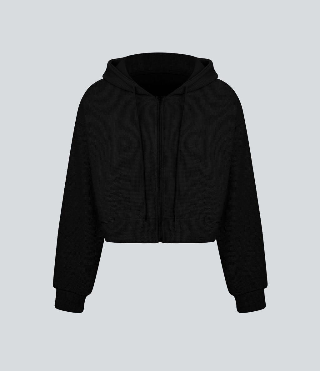 Sweatshirt en Coton Casual à Manches Longues avec Cordon de Serrage et Zipper Style Waffle