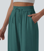 Pantalon casual large mélange lin taille haute avec cordon de serrage et poches