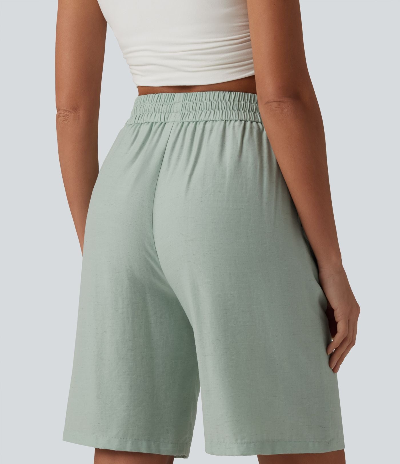 Short décontracté taille haute en lin mélangé avec cordon de serrage et poches, 25 cm