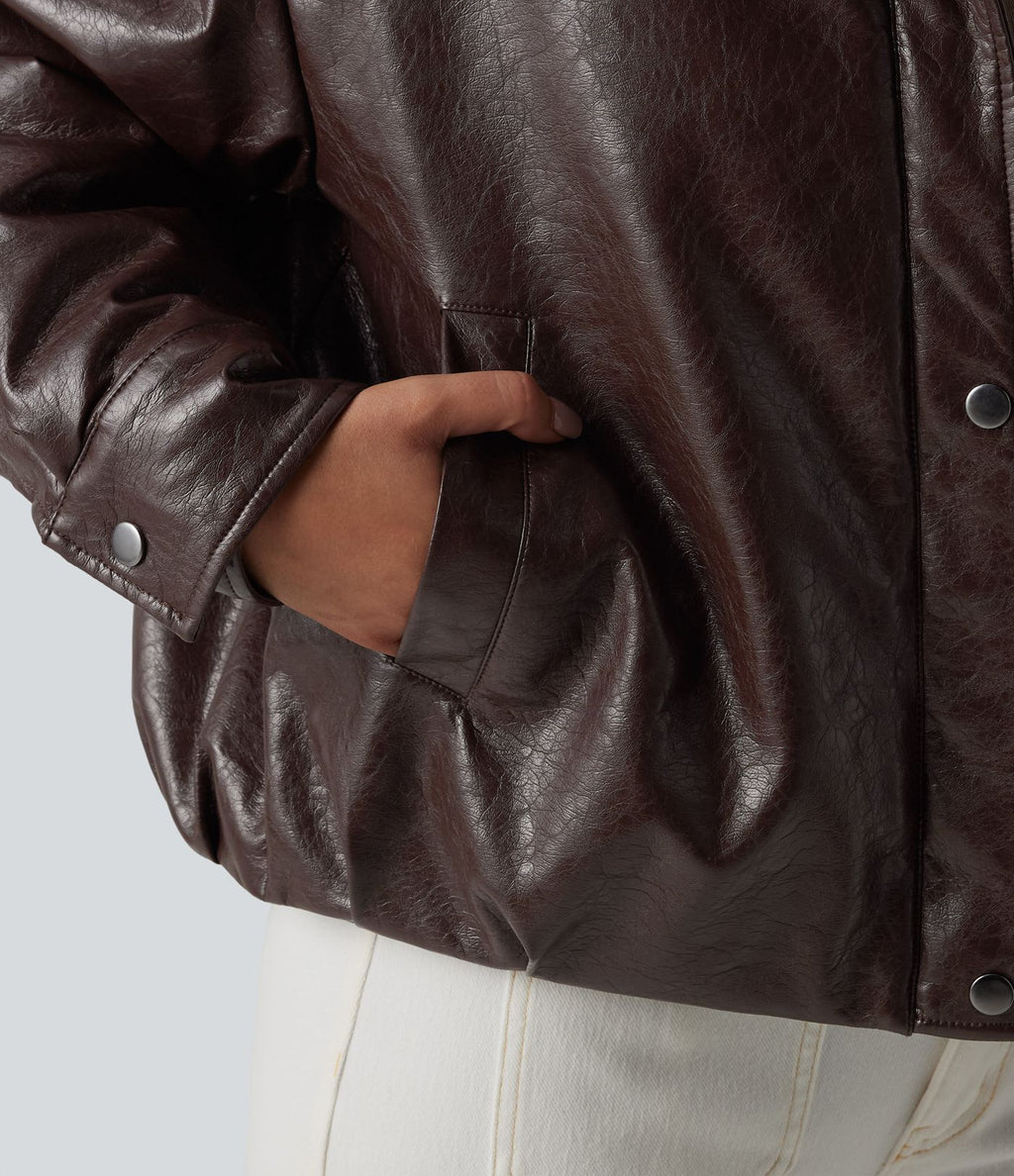 Veste casual en simili cuir à col en fausse fourrure et fermeture éclair avec poches