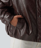 Veste casual en simili cuir à col en fausse fourrure et fermeture éclair avec poches