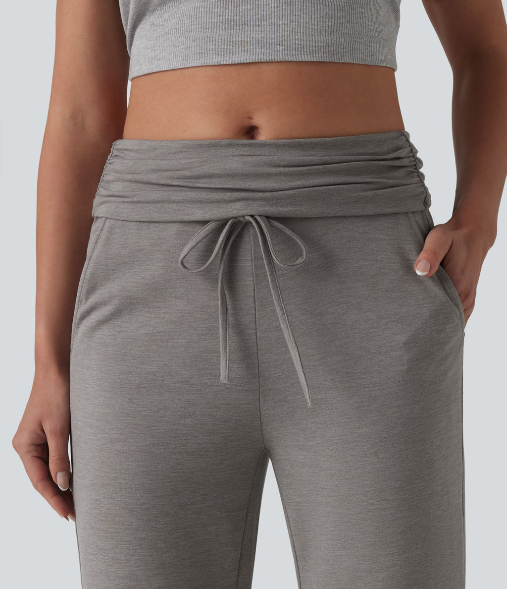 Pantalon casual évasé chiné taille mi-haute à ceinture rabattable, fronces et cordon de serrage avec poches